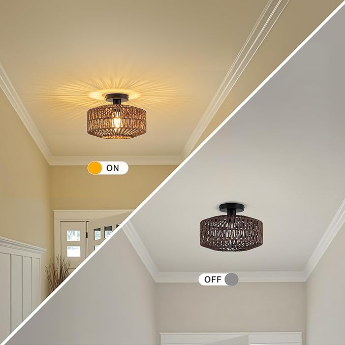 MAYNA 11.8" Rattan Ceiling Light, Mini Boho Light Fixture with LED Bulb, Hand Woven Bohemian Ceiling Light Fixtures Flush Mount for Hallway Bedroom Living Room Dining Room Entryway