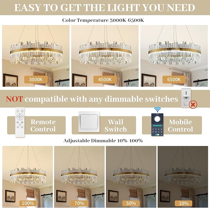 23.6" Dimmable Modern LED Crystal Chandeliers,Gold Chandelier Light Fixture, 3 Colors Contemporary Pendant Ceiling Light for Dining Room Living Room Kitchen Island Entryway Foyer ,With Remote Control