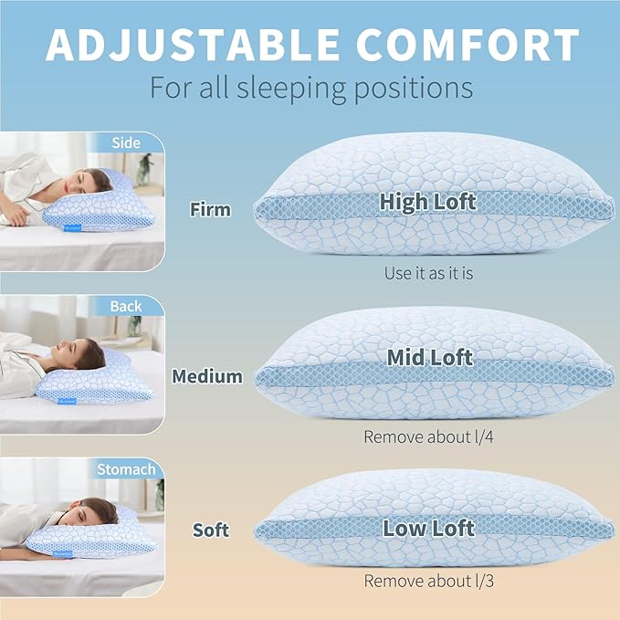 QUTOOL Cooling Pillows for Hot Sleeping, Shredded Memory Foam Pillows Queen Size Set of 1,Adjustable Soft & Firm Gel Bed Pillow for Side, Back, Stomach Sleepers