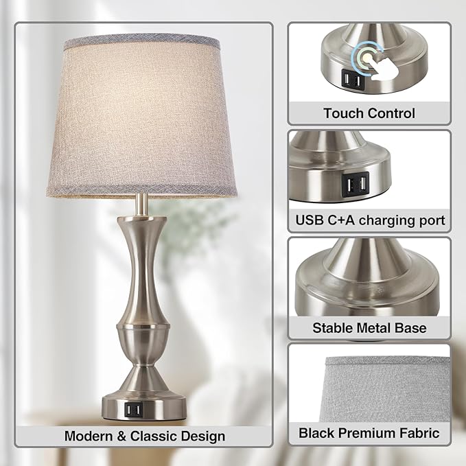 Touch Table Lamps Set of 2, 22" Tall Bedside Lamps, Nightstand Lamps with USB C+A Charging Ports, 3 Way Dimmable Lamp for Bedrooms, Living Room, Office, Silver Lamp with Grey Lampshade, Bulbs Included