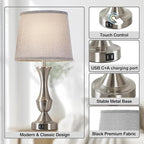 Touch Table Lamps Set of 2, 22" Tall Bedside Lamps, Nightstand Lamps with USB C+A Charging Ports, 3 Way Dimmable Lamp for Bedrooms, Living Room, Office, Silver Lamp with Grey Lampshade, Bulbs Included