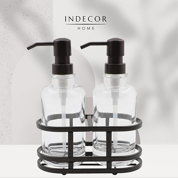 3 Piece Round Heavy Weight Glass Soap Lotion Pump Dispenser Set with Metal Caddy for Home Bath Kitchen Travel Office Hand Crafted Metal Tray Oil Rubbed Bronze