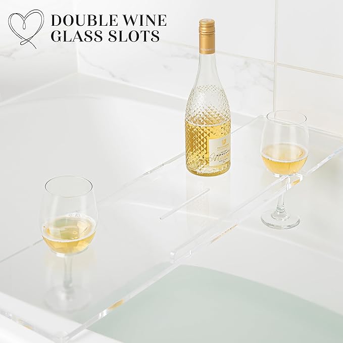 40" Supreme Plus- Luxury Bathtub Tray Caddy- 3/8" Thick, Clear Bath Tub Tray Table for 1 or 2 Bathers, Acrylic Bathtub Caddy, iPad and 2 Wine Glass Holders (Supreme Plus, 40")