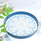 Round Blue Decorative Tray for Coffee Table, Ottoman, 13” Plastic Serving Platter Tray with Handles for Entertaining, Living Room
