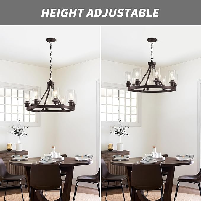 8-Light Farmhose Chandelier for Dining Room Light Fixture Oil Rubbed Bronze Kitchen Pendant Light Round Rustic Ceiling Hanging Lighting with Glass Globes Adjustable Height Metal E26