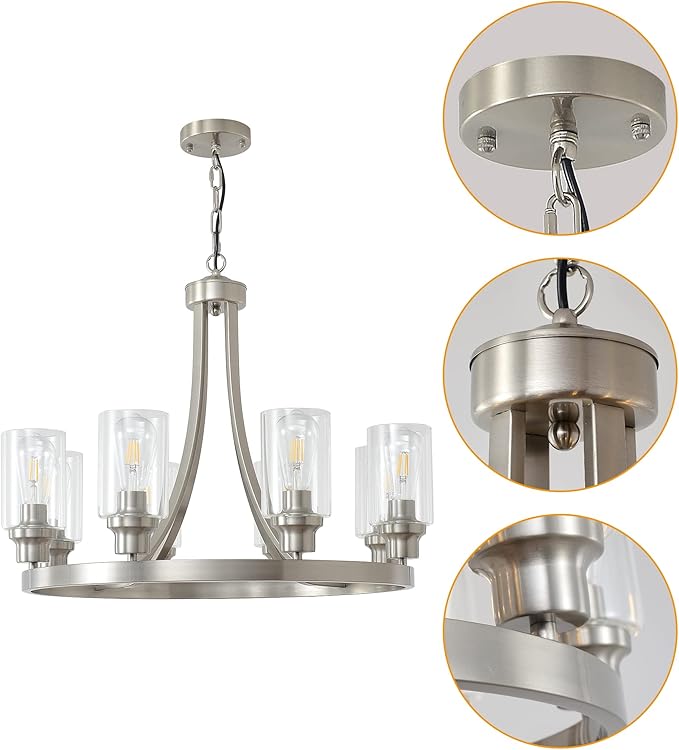 Modern Chandelier Brushed Nickel Finish 8 Lights, Dining Room Lighting Fixtures Hanging Industrial Pendant Lighting for Kitchen Island