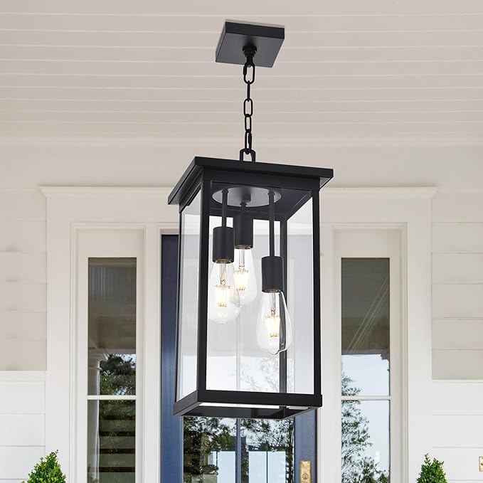 3-Lights Outdoor Pendant Lights, Large Black Exterior Ceiling Hanging Lanterns with Adjustable Chain, Modern Porch Pendant Lighting Fixtures for Front Door Entryway, E26 Bulb Base