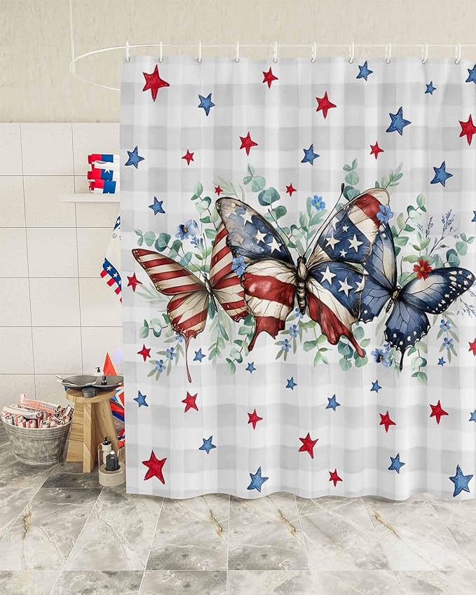 4th of July Shower Curtain, Patriotic Stars Butterfly Shower Curtains Set with Hooks, Eucalyptus Leaves Plaid Independence Day Waterproof Bathroom Curtains Decor Accessories,72 X 84 Inch Extra Long