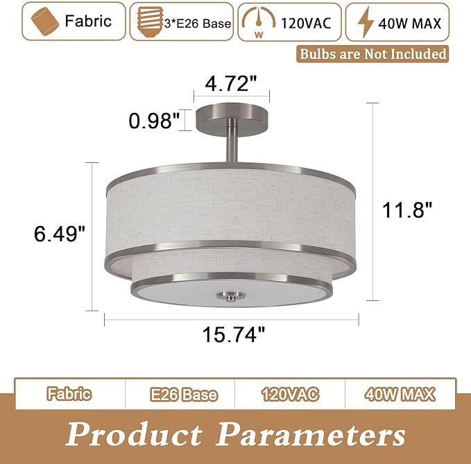 BUXVRCS Semi Flush Mount Ceiling Light Fixture, Modern Light Fixtures Ceiling Mount with Fabric Shade, 3-Light Double Drum Lighting Fixtures Close to Ceiling Light for Bedroom (Brushed Nickel)