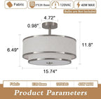 BUXVRCS Semi Flush Mount Ceiling Light Fixture, Modern Light Fixtures Ceiling Mount with Fabric Shade, 3-Light Double Drum Lighting Fixtures Close to Ceiling Light for Bedroom (Brushed Nickel)