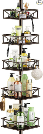 Skycarper 5 Tier Adjustable Corner Shower Caddy Organizer with Hooks,Rustproof Tension Pole 62-116 Inch,Bronze
