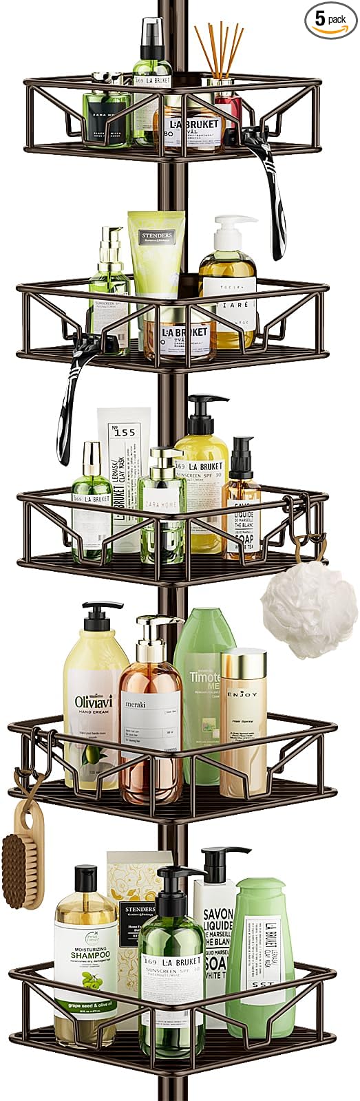 Skycarper 5 Tier Adjustable Corner Shower Caddy Organizer with Hooks,Rustproof Tension Pole 62-116 Inch,Bronze