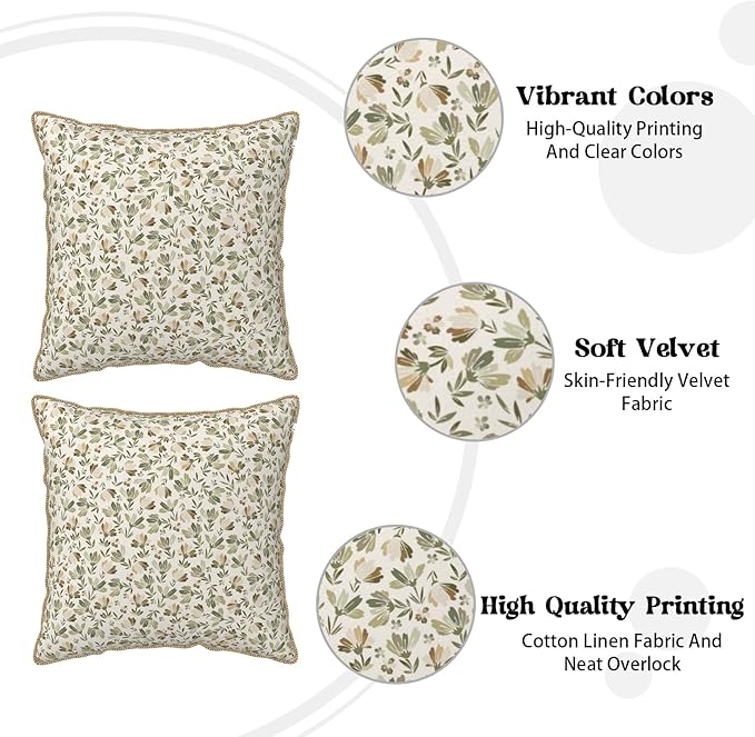 KSLIDS Sage Green Beige Floral Soft polyesterThrow Pillow Covers Set of 2 Vintage Brown Flower Decorative Pillow Covers 18x18 Inch Rustic Pillow Case for Sofa Couch Bedroom Farmhouse Home Decor