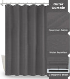 Inhousolu Boho Farmhouse Shower Curtain with Fabric Liner Set, Faux Linen Textured, 14 Metal Hooks Luxury Weighted Hem, Washable Wrinkle Free Bath Curtain for Hotel Bathroom 72"W x 84"L Graphite Grey