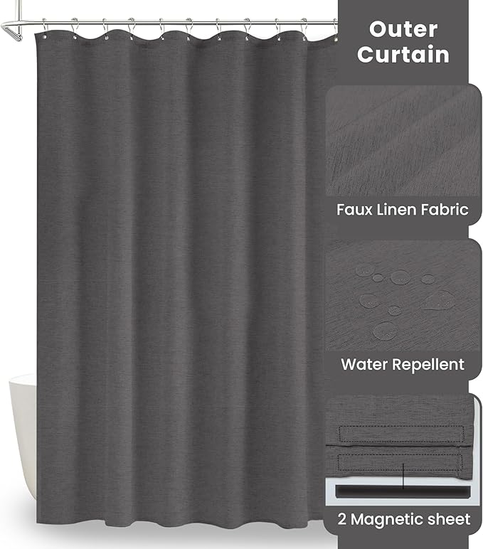 Inhousolu Boho Farmhouse Shower Curtain with Fabric Liner Set, Faux Linen Textured, 14 Metal Hooks Luxury Weighted Hem, Washable Wrinkle Free Bath Curtain for Hotel Bathroom 72"W x 84"L Graphite Grey