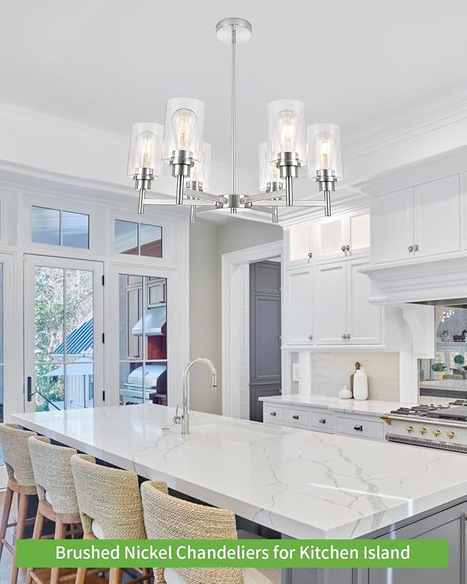 Farmhouse Chandeliers for Dining Room Brushed Nickel Chandelier Fixture with Clear Glass Shades 6 Light Dining Room Light Fixtures Pendant Lights for Kitchen Island Living Room Staircase