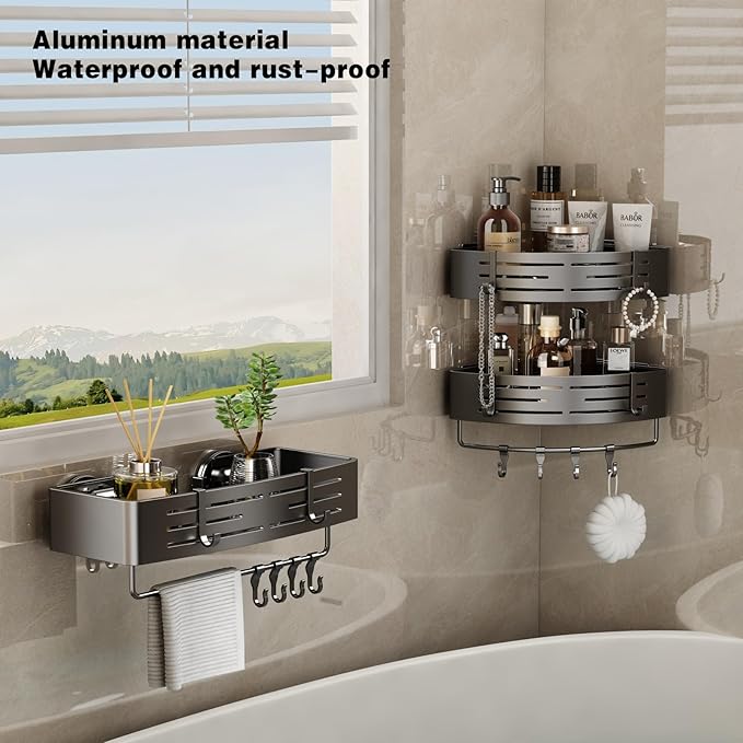 VOLPONE Shower Caddy Suction Cup No Drilling Suction Cup Shower Shelf Heavy Duty Bathroom Shower Organizer Storage Rack Adhesive with Towel Bar Hooks (2-Pack, Matte Gray)