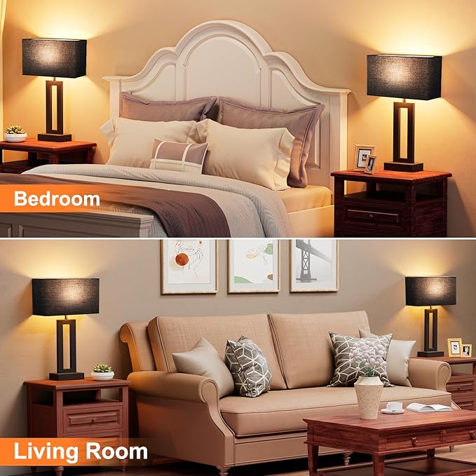 Seealle Nightstand Table Lamps for Bedrooms Set of 2 - Touch Bedside Lamp with USB C+A, 3 Way Dimmable Living Room End Tables 2, Modern Night Stand Bed Side Guest Room(Black) E. Black