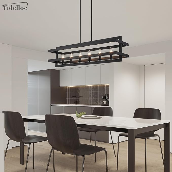 Black Chandeliers Rectangle Pendant Lights Kitchen Island Farmhouse Fixture Lights Cage 6-Lights Modern for Dining Room Living Room