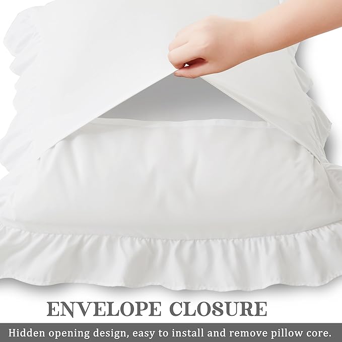 KKJIAF Ruffle Pillow Cases Queen Size Set of 2, Ruffled Pillow Covers with Envelope Closure, Wrinkle Resistant Pillowcases 20" x 30", Ruffled Pillow Shams, White