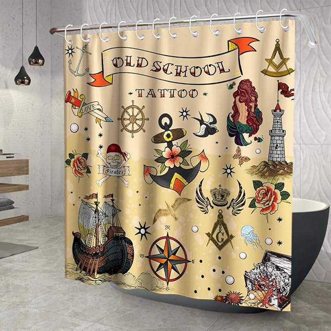 Tattoo Mermaid Skull Theme Bathroom Bathtubs Fabric Nautical Shower Curtain Cute Trendy Shower Curtain Set with 12 Hooks 72x72 inches Polyester Machine Washable, Brown and Yellow