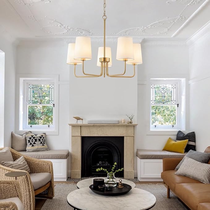 AMZASA Antique Brass Gold Chandelier with Shades, Electroplated Finish, 5 Light Modern Farmhouse Chandeliers with White Fabric Shade, Linear Island Chandelier Lights for Dining Room,Kitchen,Foyer