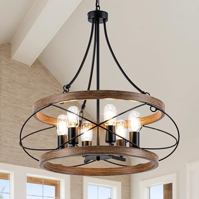 6-Light Farmhouse Chandelier, 23.62" Rustic Drum Dining Room Light Fixture, Vintage Wood Finish Metal Hanging Pendant Lighting, Industrial Candle Chandeliers for Living Room Kitchen Entryway Bedroom
