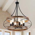 6-Light Farmhouse Chandelier, 23.62" Rustic Drum Dining Room Light Fixture, Vintage Wood Finish Metal Hanging Pendant Lighting, Industrial Candle Chandeliers for Living Room Kitchen Entryway Bedroom