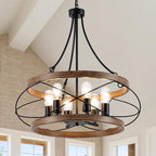 6-Light Farmhouse Chandelier, 23.62" Rustic Drum Dining Room Light Fixture, Vintage Wood Finish Metal Hanging Pendant Lighting, Industrial Candle Chandeliers for Living Room Kitchen Entryway Bedroom