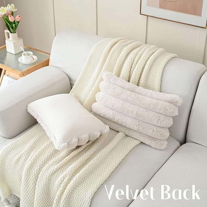 FUTEI Beige Decorative Throw Pillow Covers 12x20 Inch Set of 2, Square Soft Faux Rabbit Fur Big Striped Cushion Cover,Home Decor for Couch Sofa Bed Living Room