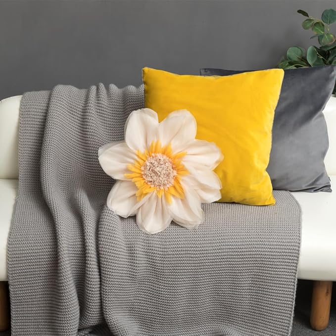 3D Flower Pillow Decorative Round Throw Pillows Handmade Cute Floral Velvet Accent Pillowcases Soft Elegant Cushion for Bed Couch Car Bedroom Living Room Home Decor 12 Inch Cream White