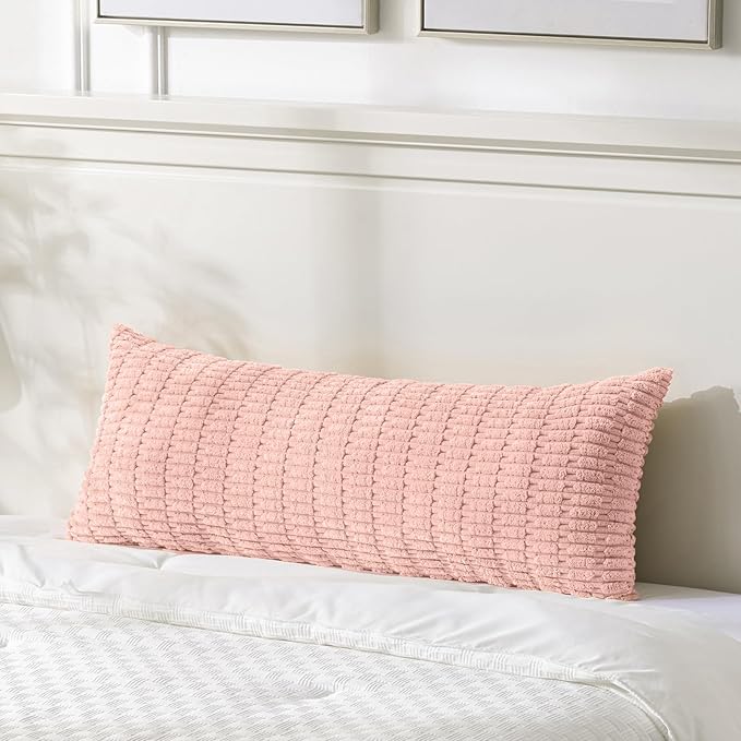 Fancy Homi Blush Pink Long Body Lumbar Lumbar Decorative Throw Pillow Covers 14x36 Inch for Bed Couch Bedroom Bench, Soft Corduroy Rectangle Solid Pillow Case, Rustic Farmhouse Boho Room Decor