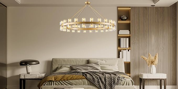 48 Inch Gold Wagon Wheel Chandelier with Crystal Shade, 48 Lights, Modern Farmhouse Style, Ideal for Dining Room, Kitchen, Entryways