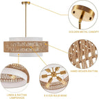 23.6" Rattan Chandelier with Linen Farmhouse Vintage Boho Hand Woven Bamboo Chandeliers Light Fixture Modern Drum Wicker Rattan Gold Chandelier for Dining Room, Kitchen, Living Room,Foyer