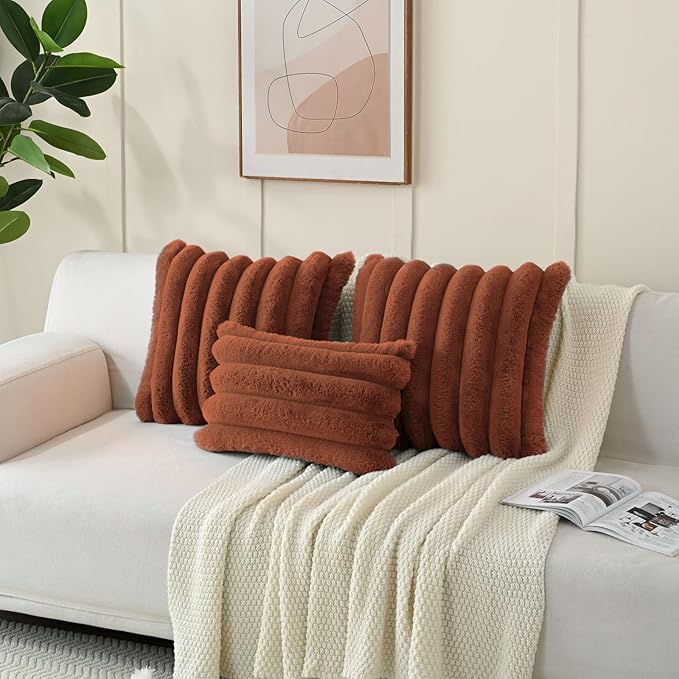 FUTEI Rust Decorative Throw Pillow Covers 16x16 Inch Set of 2, Square Soft Faux Rabbit Fur Big Striped Cushion Cover,Home Decor for Couch Sofa Bed Living Room