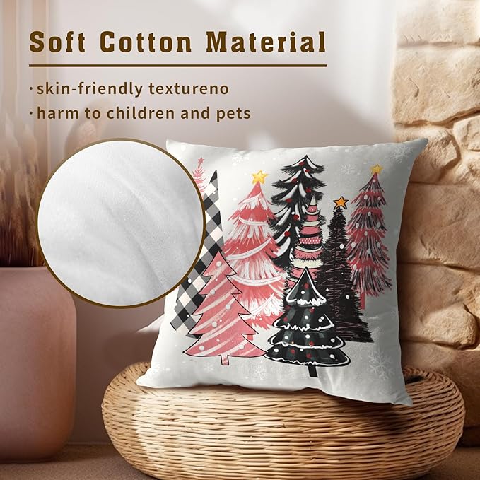 Christmas Tree Pillow Covers 18x18, Set of 2 Xmas Pine Trees Pink Black Plaid Snowflakes Winter Decorative Pillowcases Square Cushion Cover for Sofa Couch Bed Home Car
