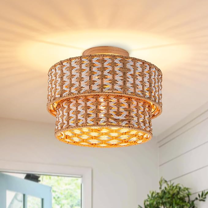 Boho Light Fixtures 2-Tone Rattan Ceiling Light Handwoven Drum Lamp Shade Flush Mount Ceiling Light Wooden Canopy Small Chandelier for Hallway Entryway Bedroom Kitchen Nursery Lights