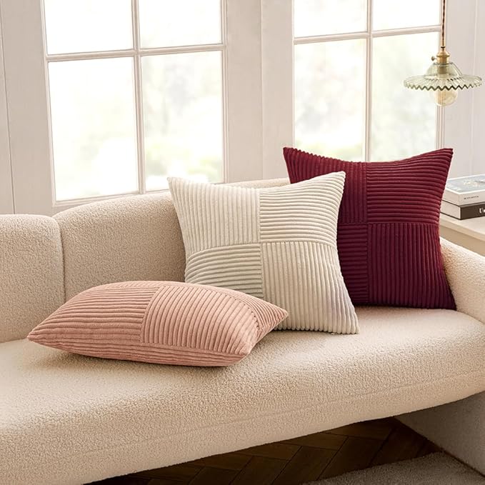 MIULEE Christmas Burgundy Corduroy Pillow Covers Pack of 2 Boho Decorative Spliced Throw Pillow Covers Soft Solid Couch Pillowcases Cross Patchwork Cushion Covers for Living Room Bed Sofa 20x20 inch