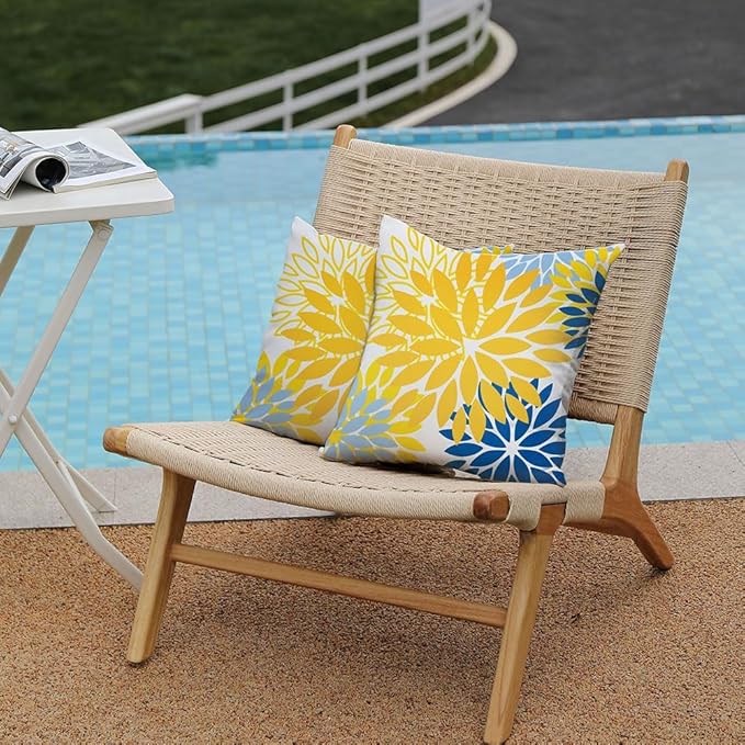 DFXSZ Yellow Blue Flower Pillow Covers 18x18 Inch Set of 2 White Gray Colored Throw Pillows Outdoor Waterproof Decor for Living Room Sofa Patio Funiture Garden Floral Polyester Pillow Covers 002J18