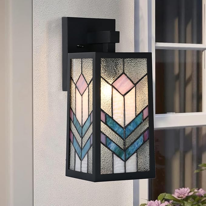 WL0012 Tiffany Style Outdoor Light Fixutres Stained Glass Wall Sconce Exterior Waterproof Wall Lantern Light for Balcony Aisle Hallway W 7X D 6.5 x H 13.5 Inches, Bulb Included (Prismara)
