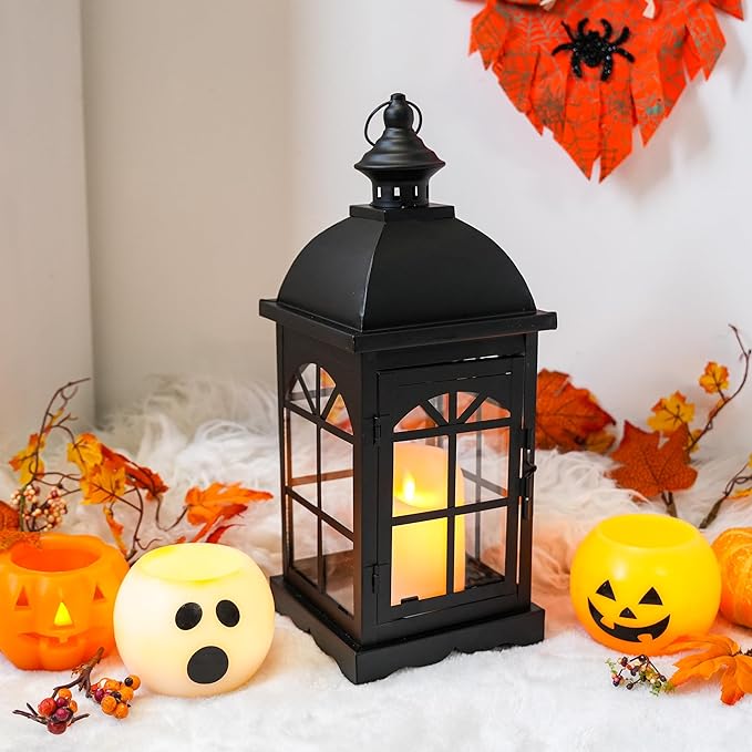 TRIROCKS Decorative Vintage Candle Lanterns 14.5" H Farmhouse Outdoor Hanging Lanterns with Tempered Glass for Porch, Balcony, Patio, Home, Centerpieces, Indoor, Outdoor(Black)