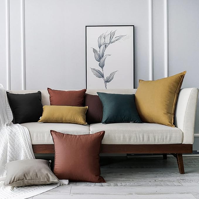 Jeanerlor Natural Cotton Linen Green Decorative 12"x20" Throw Pillow Case Cushion Cover with Twin Needles Stitch on Edge for Lumbar, (30 x 50cm), 2 Pcs, Dark Green