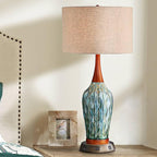 360 Lighting Rocco Mid Century Modern Table Lamp with USB and AC Power Outlet Workstation Charging Base Handmade 30" Tall Blue Ceramic Tan Drum Shade for Living Room Bedroom (Color May Vary)