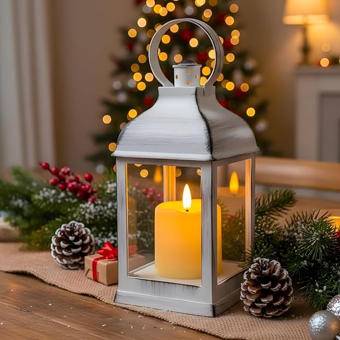 White Vintage Lantern Decorative LED Flickering Flameless Candle with Timer, Battery Powered LED Decorative Hanging Lanterns for Indoor Outdoor Wedding Garden Yard Home Decor(4 Pack)
