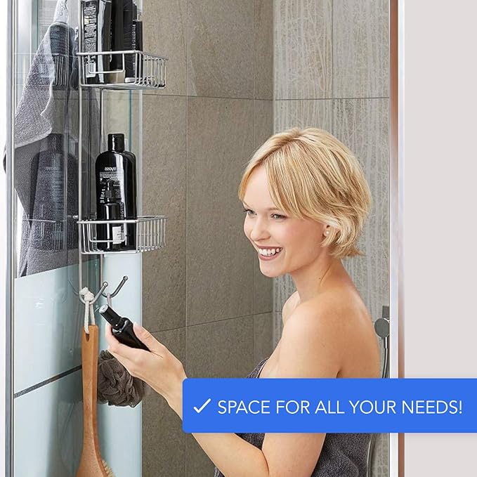 Bamodi Shower Caddy Hanging - 3-Tier Over Door Shower Basket Chrome-Plated - No Drilling Required - Fits Shower Screens up to 0.78 inches - Hangable Shower Rack with 2 Towel Hooks