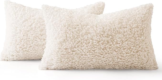 MIULEE Pack of 2 Lumbar Faux Fur Throw Pillow Covers 12x20 Inch Neutral White Boucle Decorative Sherpa Pillow Covers Fuzzy Accent Soft Sheepskin Fleece for Boho Home Decor Sofa Living Room Bed Chair