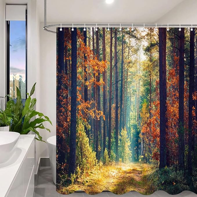 Romantic Fall Shower Curtain, Autumn Forest Thanksgiving Shower Curtains for Bathroom, Rustic Farmhouse Trees Fabric Bath Curtain Set with Hooks 72x72 Inch
