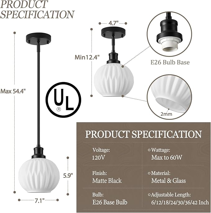 Black Pendant Lights Kitchen Island 2 Pack, 7.3" Milk Glass Modern Pendant Light Fixtures with Rods, Globe Hanging Lighting for Kitchen Sink Bathroom Dining Room, E26 Base