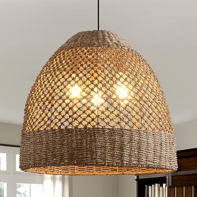 18.9" Large Rattan Chandelier,Boho 3-Lights Wicker Hand-Woven Farmhouse Seagrass Ceiling Hanging Pendant Lighting for Kitchen Islands Dining Rooms,