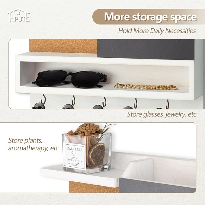 Key Holder for Wall Mount with Mail Organizer, Farmhouse Key Holder for Wall with Shelf, Chalkboard&Corkboard, Entryway Organizer 11 Metal Hooks, Decorative Natural Pine Wood, 14.6*11.1*3.3”, A-White